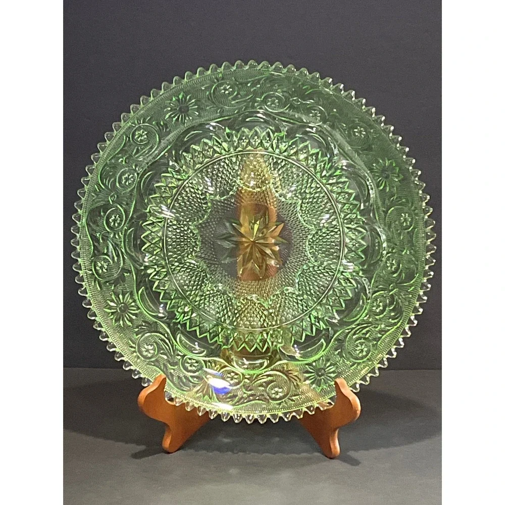 Vintage Green Depression Glass Tiara Sandwich Pattern Platter Scalloped 12 Inch